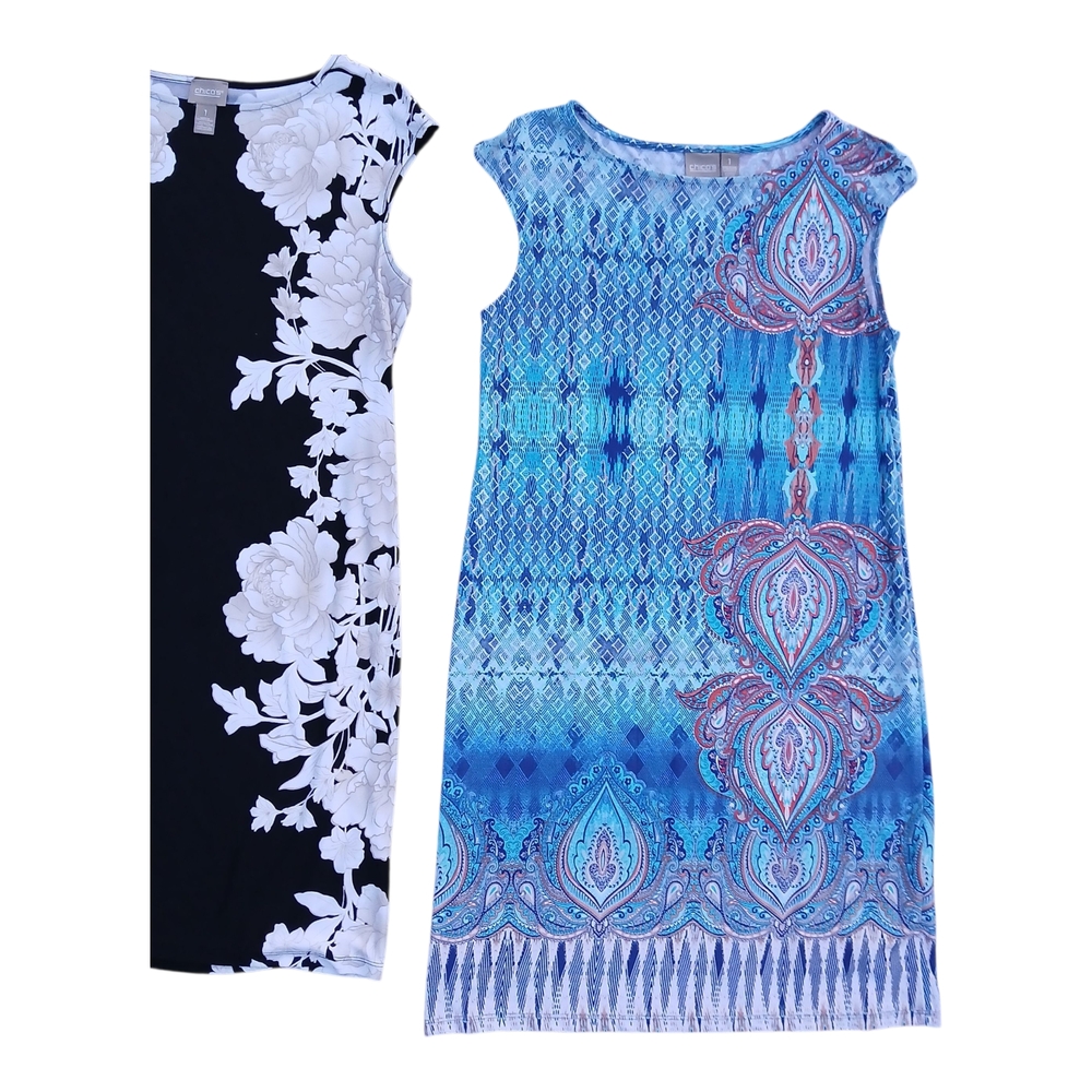 5 Chico’s Dress Sleeveless Slinky Midi Short Iona Casual Allover Print Vibrant 1 - Picture 9 of 16